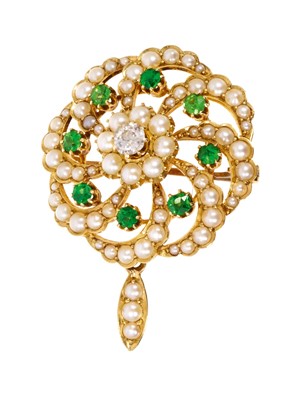 Lot 481 - Edwardian diamond, green garnet and seed pearl pendant/brooch, engraved ‘L.E. Pearson 1906’, in original fitted box