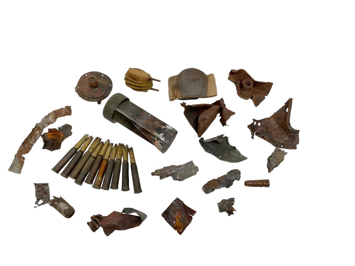 Lot 897 - Collection of Second World War shrapnel to include incendiary bomb tail fin and bullet cases.