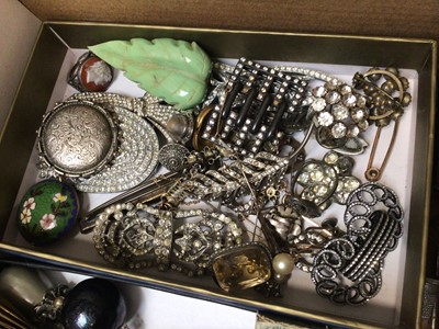 Lot 248 - Group of vintage costume jewellery and bijouterie including paste set clips and brooches, hat pins, cameo brooch and ring, cloisonné cigarette case, two wristwatches and other items