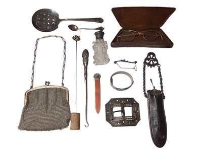 Lot 249 - Charles Horner silver hat pin, Norwegian silver and enamel Viking ship brooch, 1920s silver mesh purse, silver bangle