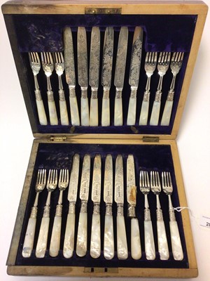 Lot 282 - Cased set of 12 pairs of Edwardian silver and mother of pearl desert knives and forks