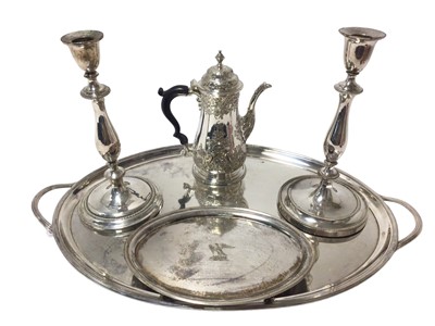 Lot 289 - Oval silver plated tray, pair of candlesticks, teapot stand and coffee pot