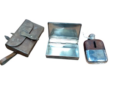 Lot 2582 - Early 20th century silver plated sandwich box by James Dixon & Sons in a brown leather case, together with a silver plated and leather hip flask by James Dixon & Sons (2).