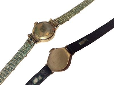 Lot 252 - Tissot 18ct gold cased ladies wristwatch on plated bracelet, boxed, together with a 9ct gold cased ladies wristwatch on leather strap (2)