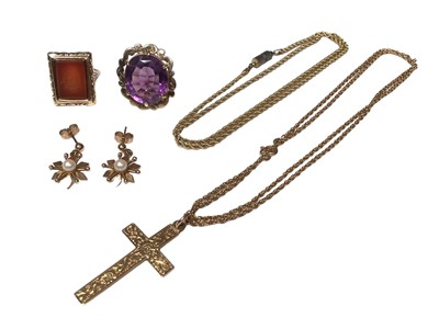 Lot 277 - Antique intaglio carved carnelian seal in gold mount on later shank, an amethyst single stone ring in gold setting, a 9ct gold cross on chain, one other 9ct gold chain and a pair of 9ct gold and cu...