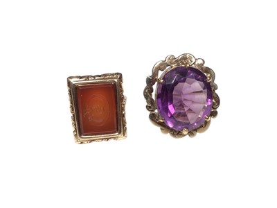 Lot 277 - Antique intaglio carved carnelian seal in gold mount on later shank, an amethyst single stone ring in gold setting, a 9ct gold cross on chain, one other 9ct gold chain and a pair of 9ct gold and cu...
