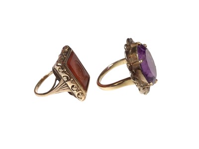 Lot 277 - Antique intaglio carved carnelian seal in gold mount on later shank, an amethyst single stone ring in gold setting, a 9ct gold cross on chain, one other 9ct gold chain and a pair of 9ct gold and cu...