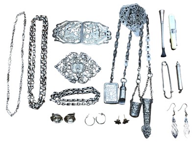 Lot 279 - Late Victorian Art Nouveau silver nurse's buckle, Birmingham 1900, 19th century silver plated chatelaine, silver chain, other white metal jewellery and sundry costume jewellery