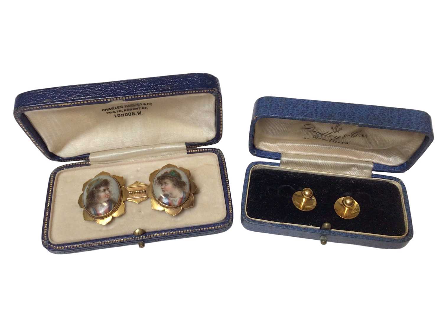 Lot 254 - Victorian 18ct gold mounted portrait miniature brooch with two oval ceramic panels depicting two portraits, named and dated on reverse 1890, 55mm, together with one 18ct gold and one 9ct gold stud...