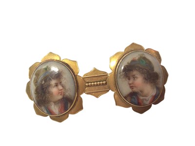 Lot 254 - Victorian 18ct gold mounted portrait miniature brooch with two oval ceramic panels depicting two portraits, named and dated on reverse 1890, 55mm, together with one 18ct gold and one 9ct gold stud...