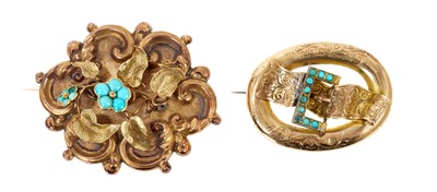 Lot 487 - Early Victorian two-colour gold and turquoise forget-me-not brooch and one other (2)