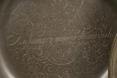 Lot 827 - Three antique pewter chargers engraved with verse