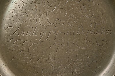 Lot 827 - Three antique pewter chargers engraved with verse