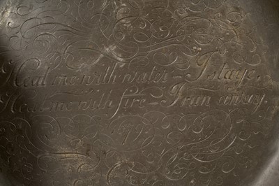 Lot 827 - Three antique pewter chargers engraved with verse