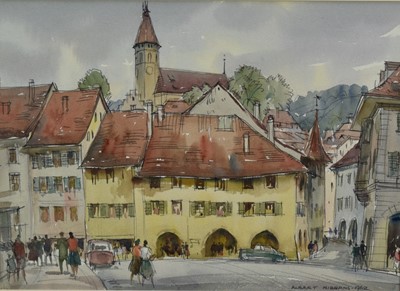 Lot 27 - Albert Ribbans (1903-1966) watercolour - Townscape, signed and dated 1962, 24cm x 32cm, in glazed frame