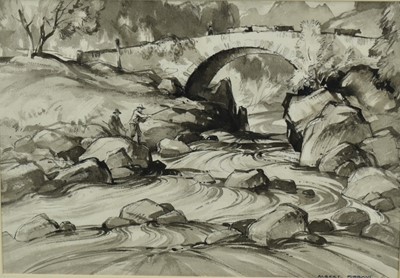 Lot 29 - Albert Ribbans (1903-1966) watercolour - Fishing scene, monochrome, 27cm x 38cm, signed and framed