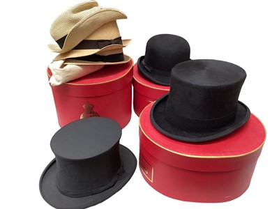 Lot 2144 - Men's hats including collapsible top hat, contemporary top hat, black bowlers hat, some straw hats and boaters.