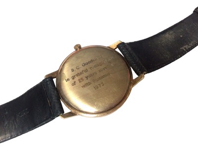 Lot 257 - 1970s Majex 9ct gold cased wristwatch on leather strap, in original case