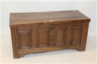 Lot 1400 - 18th century oak coffer, hinged cleated lid...