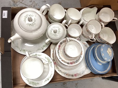 Lot 1296 - Various tea wares including Wedgwood, Paragon, Royal Doulton etc together with a selection of cranberry glass including vases and wine glasses (2 boxes)
