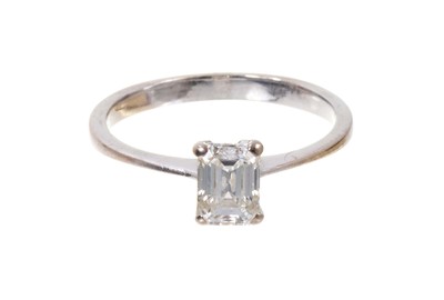 Lot 500 - Diamond single stone ring with a rectangular emerald-cut diamond with a G.I.A. Diamond Report stating the diamond to weigh 0.74cts, colour grade H, VS2