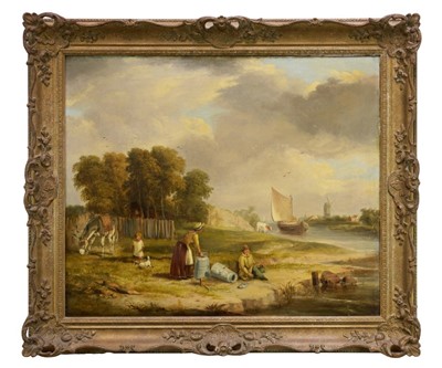 Lot 1035 - J Bretland (19th century) oil on canvas, figures in an extensive river landscape, signed, 63cm x 76cm, in gilt frame