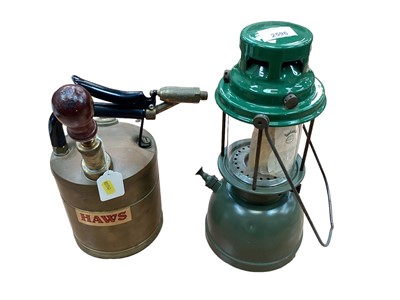 Lot 2596 - 1950s Military issue green Bialaddin Paraffin lamp, Military Model 305, Cat No JA 5557 - 1954, with two loose mantles, together with a Haw’s Abbey pressure sprayer. Paraffin lamp 51.5cm to top of h...
