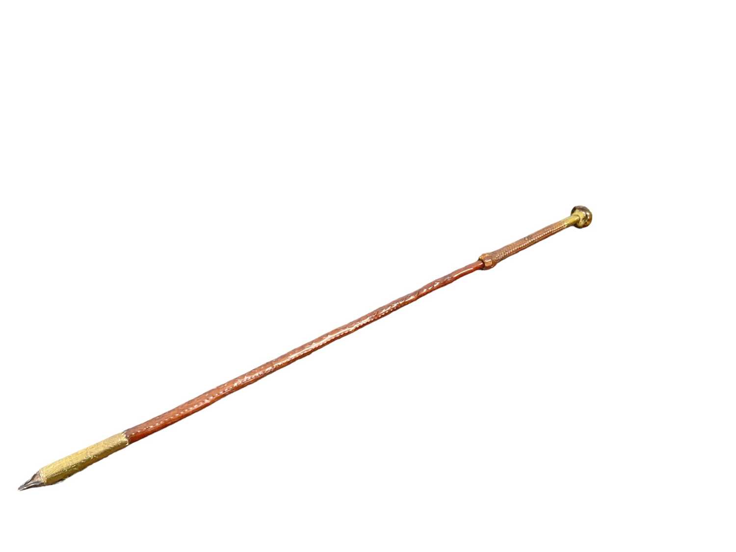 Lot 955 - 1930s French Basque Region, Makhila, with carved Medlar wood shaft and decorative brass ferrule engraved “AINCIART LARRESSORE” and Swastika, the woven leather handle with horn rondel top and brass...