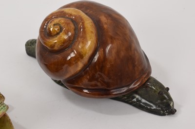 Lot 81 - Antique Palissy ware Majolica pottery model of a toad - Jose A Cunha, Portugal, model of a snail - M Mafra, Portugal and another model of a snail (3)