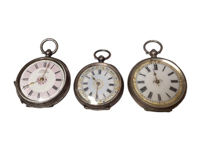 Lot 301 - Three late 19th century ladies silver fob watches with painted and jewelled enamel dials