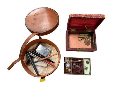 Lot 140 - Antique jewelers box and various contents together with a leather stud box and vintage pens