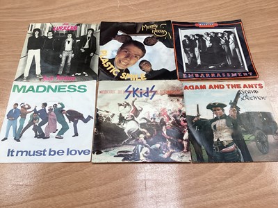 Lot 2284 - Box of single records including The Sex Pistols, Clash, Lurkers, Pretenders, XTX, Sham 69, Purple Hearts plus Two-Tone & Trojan 45's