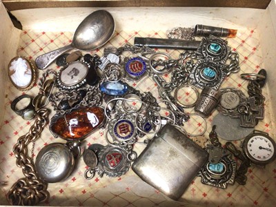 Lot 320 - Group of antique and vintage silver and white metal jewellery, fobs, caddy spoon, vesta case, two pairs of old spectacles in cases and other items