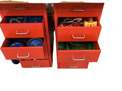 Lot 2045 - Meccano large selection in metal cabinets (x2), wooden boxes, plastic crates and constructed double decker bus, wheels, pulleys, engine, gears, magazines, instructions leaflets and other accessorie...