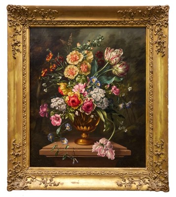 Lot 1067 - Follower of Jan Van Os, 19th century oil on canvas - Still Life Profusion of Flowers, in gilt frame