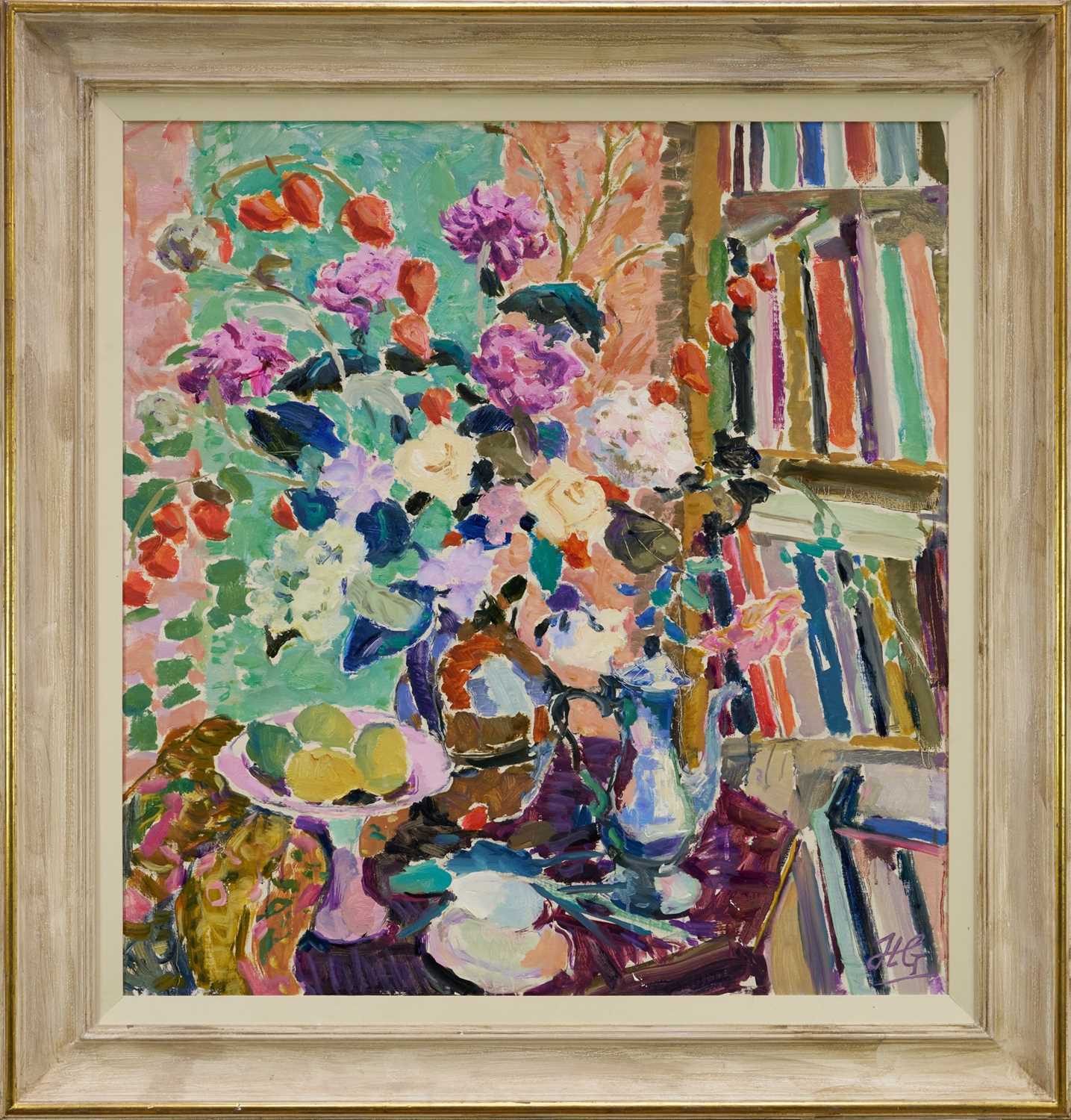 Lot 1140 - *Hugo Grenville (b.1958) oil on canvas - Still Life with Chrysanthemums, Peonies and Silver Coffee Pot