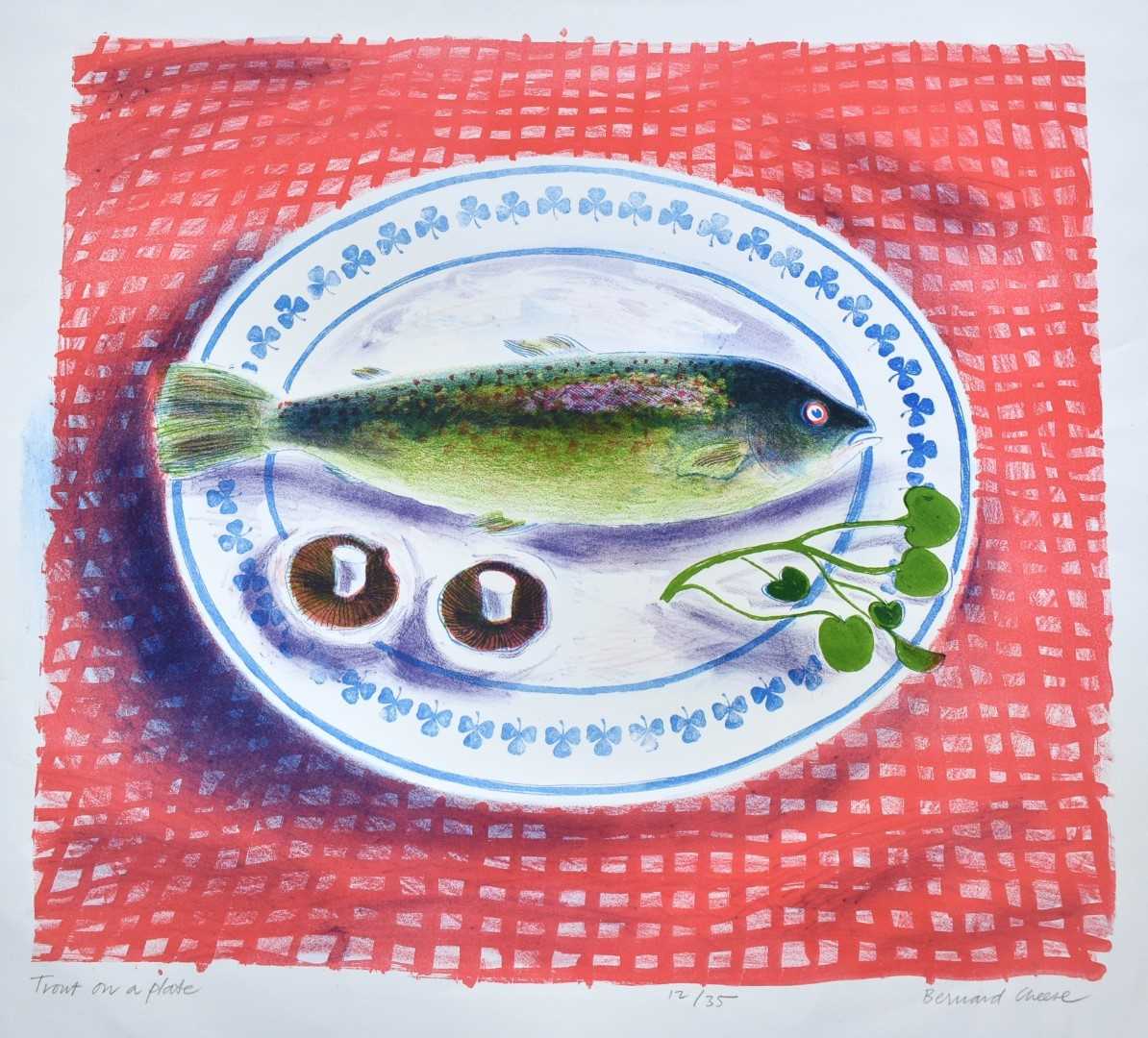 Lot 1042 - *Bernard Cheese (1925-2013) print - Trout on a Plate, 12/35, signed and blind stamped, 43cm x 48cm, unframed
