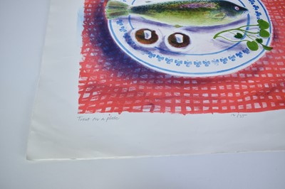 Lot 1042 - *Bernard Cheese (1925-2013) print - Trout on a Plate, 12/35, signed and blind stamped, 43cm x 48cm, unframed