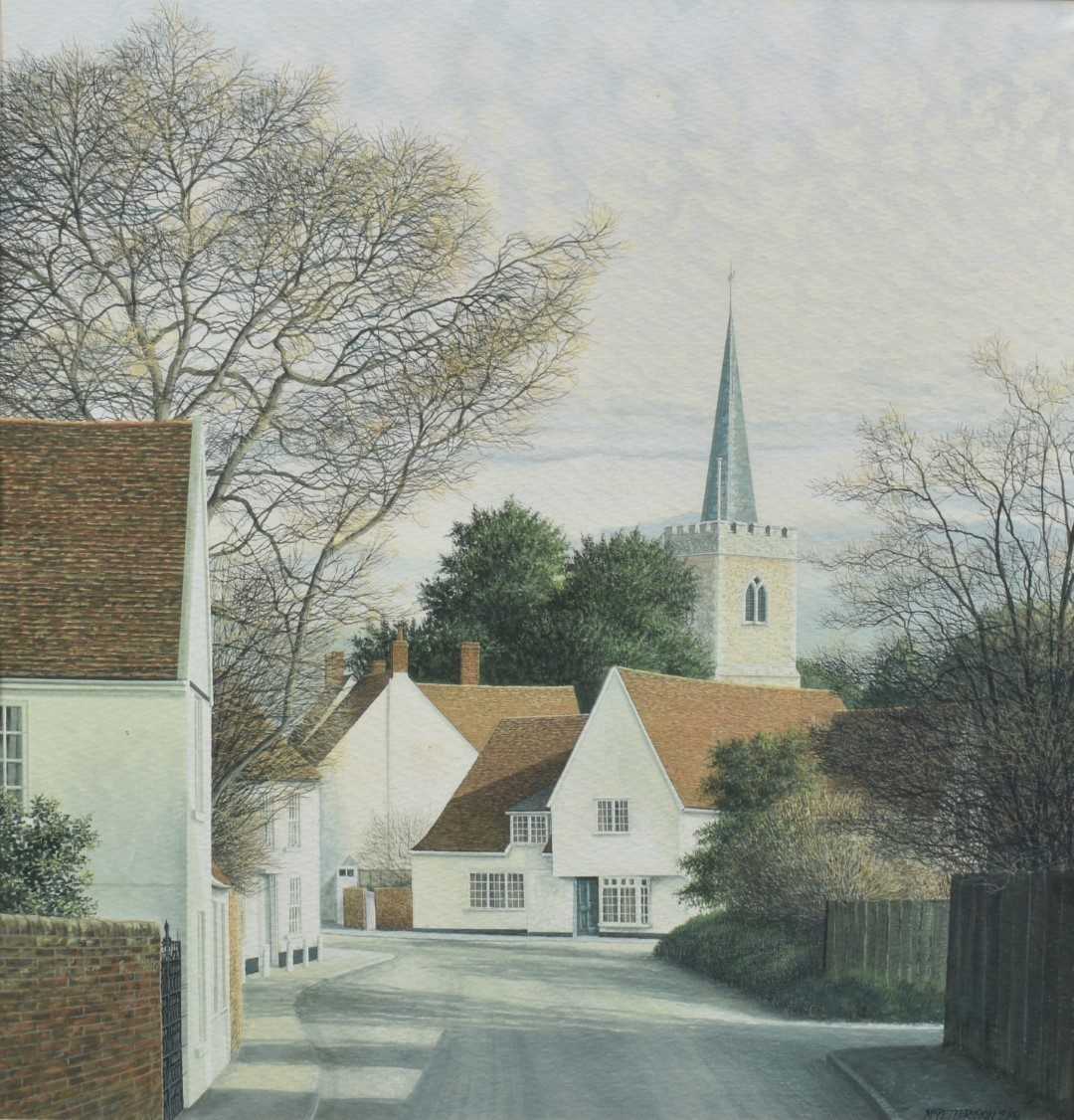 Lot 1056 - Michael Pettersson (b.1939) watercolour - Court Street Nayland, signed and dated 2-'80, together with Windmill in a Winter Landscape by the same hand