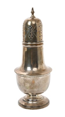 Lot 253 - 1930s silver caster of baluster form with a pierced and engraved slip in cover