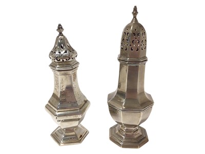 Lot 254 - George V silver caster of hexagonal baluster form, together with another, similar