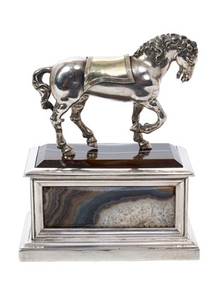 Lot 262 - 19th century Grand Tour silver Renaissance-style horse raised on agate and silver plinth
