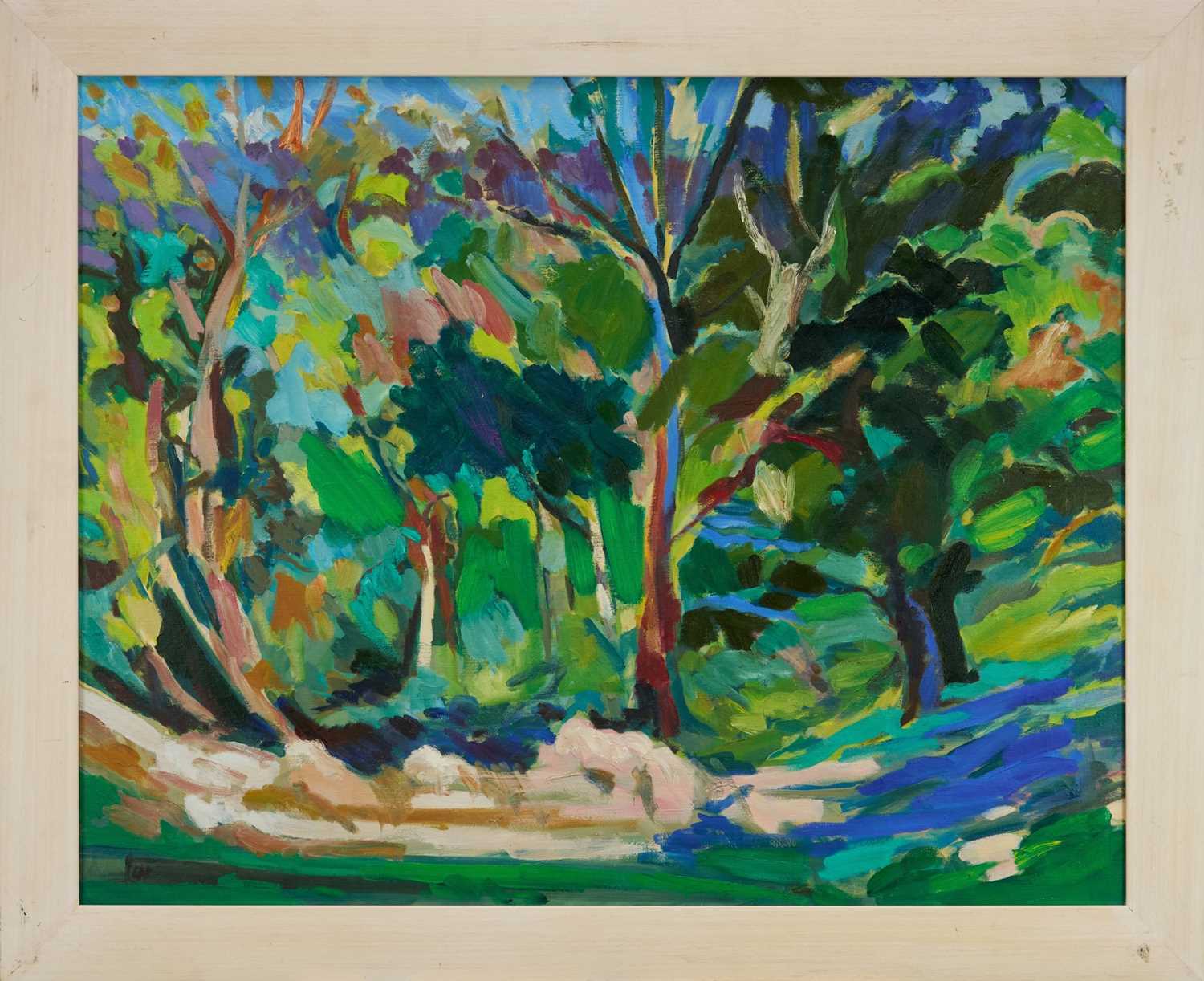 Lot 1053 - Diane Hughes (b.1943) oil on canvas - The Quarry, near Yatton Herefordshire, signed with initials, inscribed verso, 77cm x 97cm, framed
