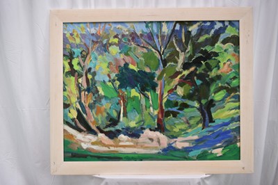 Lot 1053 - Diane Hughes (b.1943) oil on canvas - The Quarry, near Yatton Herefordshire, signed with initials, inscribed verso, 77cm x 97cm, framed