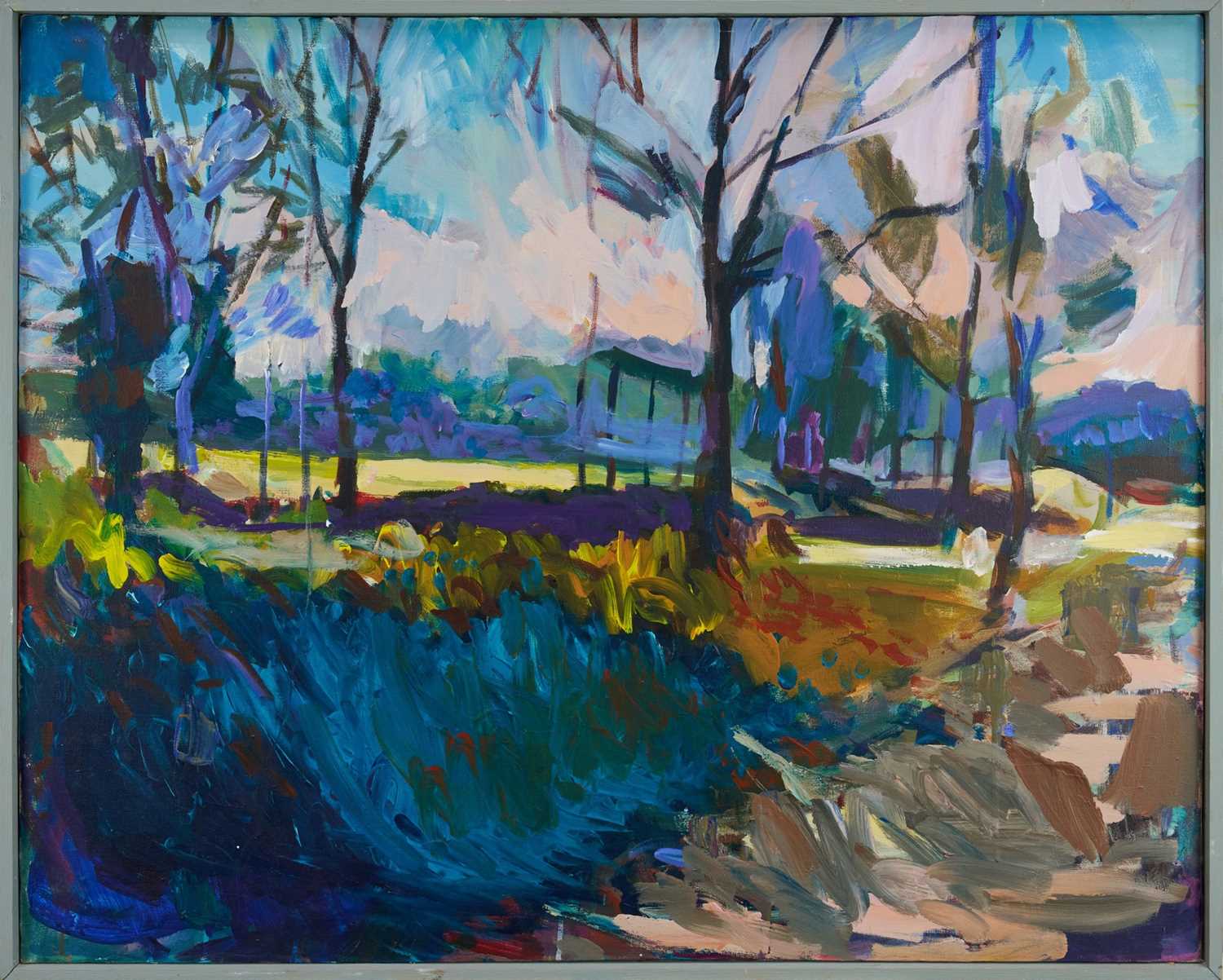 Lot 1052 - Diane Hughes (b.1943) acrylic on canvas - Winter Watermeadows, titled to label verso, 80cm x 100cm, framed