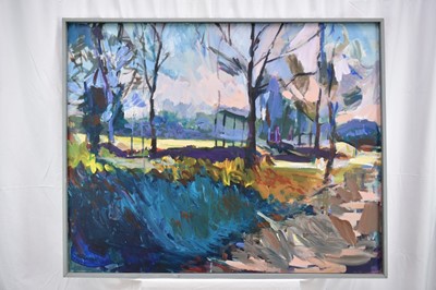 Lot 1052 - Diane Hughes (b.1943) acrylic on canvas - Winter Watermeadows, titled to label verso, 80cm x 100cm, framed