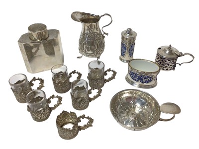 Lot 258 - Selection of miscellaneous silver, including cream jug, wine taster, caddy, set of six glass holders (one glass missing) and other items (various dates and makers). Approximately 13ozs weighable si...