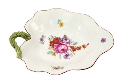 Lot 94 - Longton Hall leaf shaped pickle dish, painted by the ‘Trembly Rose’ Painter, circa 1755