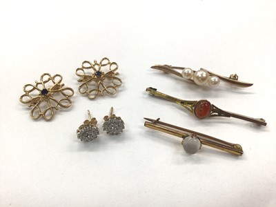 Lot 1003 - Pair of diamond flower head cluster earrings, pair of 9ct gold brooches and three 9ct gold gem set bar brooches