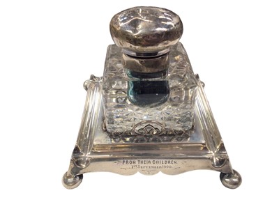 Lot 1019 - Large silver mounted glass inkwell on silver stand